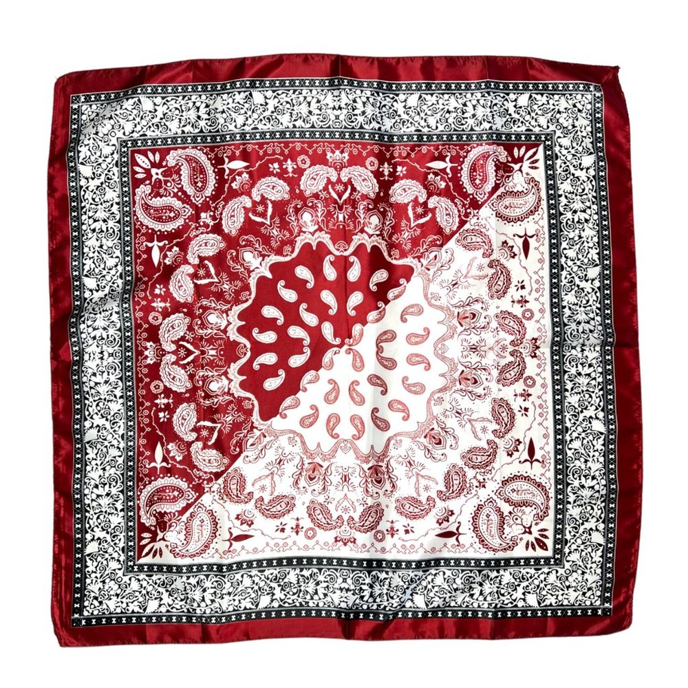 NEW Burgundy Ivory Paisley Floral Printed Square Silky Scarf Wrap - Picture 2 of 9
